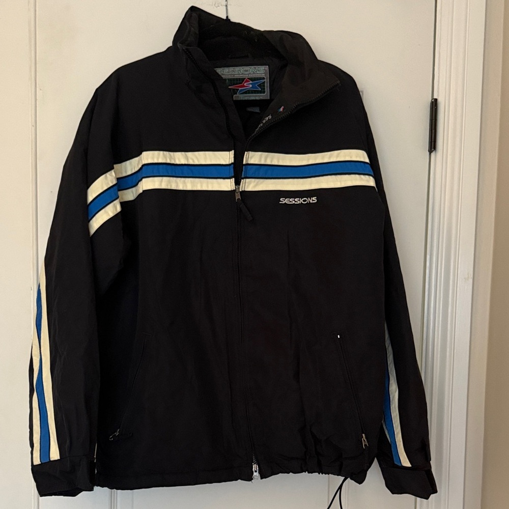 SESSIONS Vintage Black Ski Snow Blue and White Stripes Men’s Large